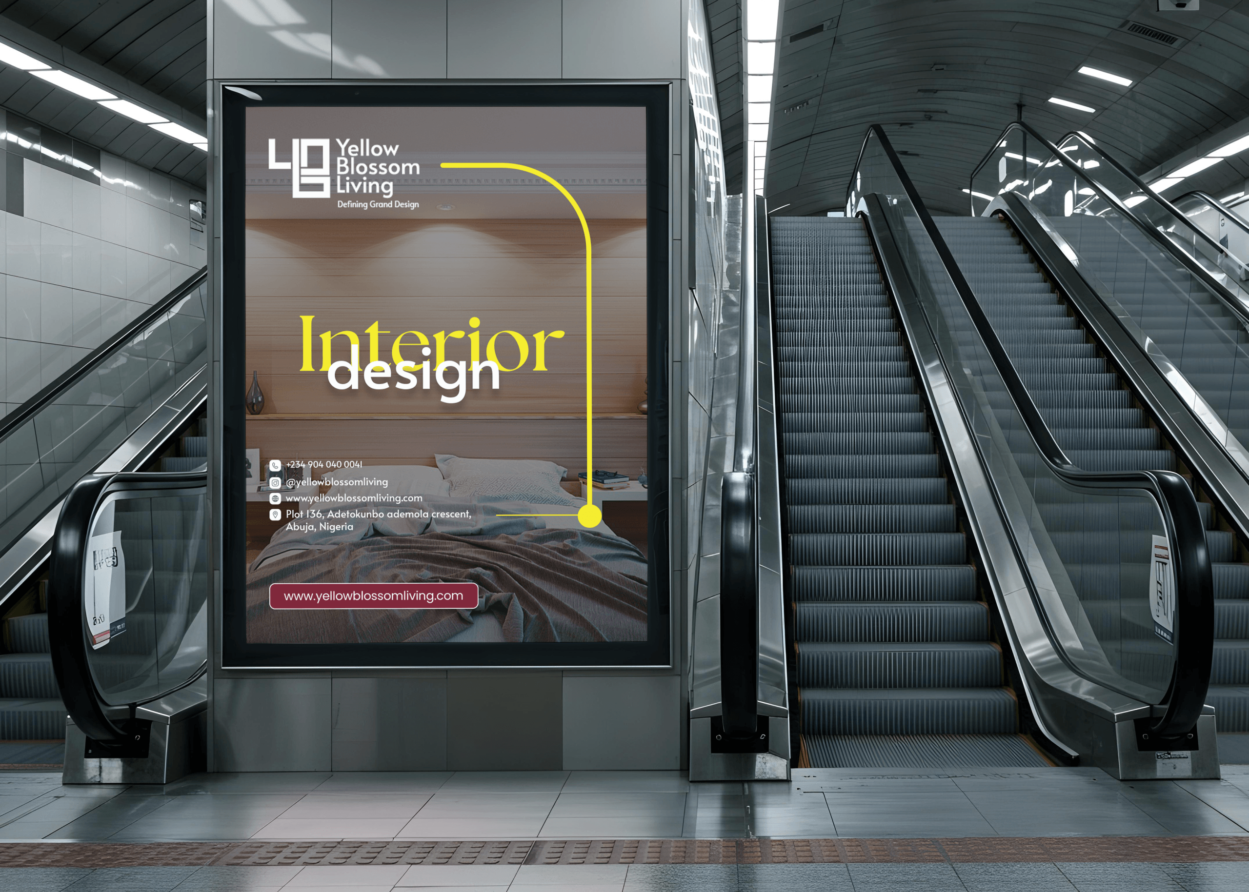 Experiential branding example of Ybl banner beside escalators